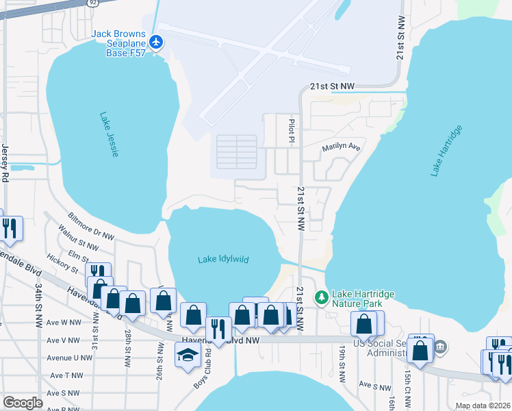 map of restaurants, bars, coffee shops, grocery stores, and more near 20 North Lake Idylwild Drive in Winter Haven
