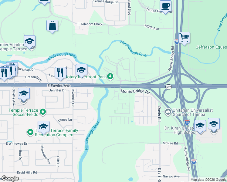 map of restaurants, bars, coffee shops, grocery stores, and more near 11516 Bellamar Street in Tampa