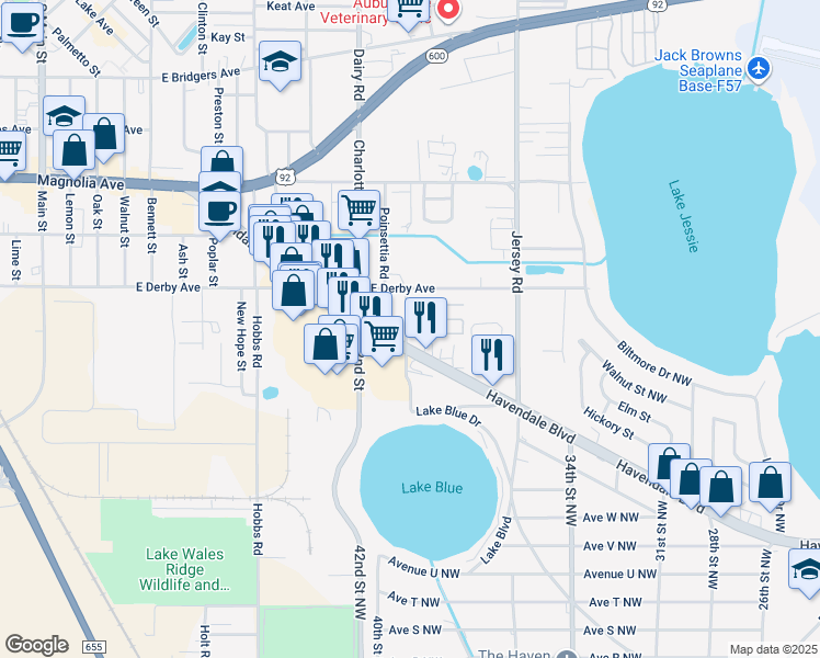 map of restaurants, bars, coffee shops, grocery stores, and more near 713 Rose Street in Auburndale