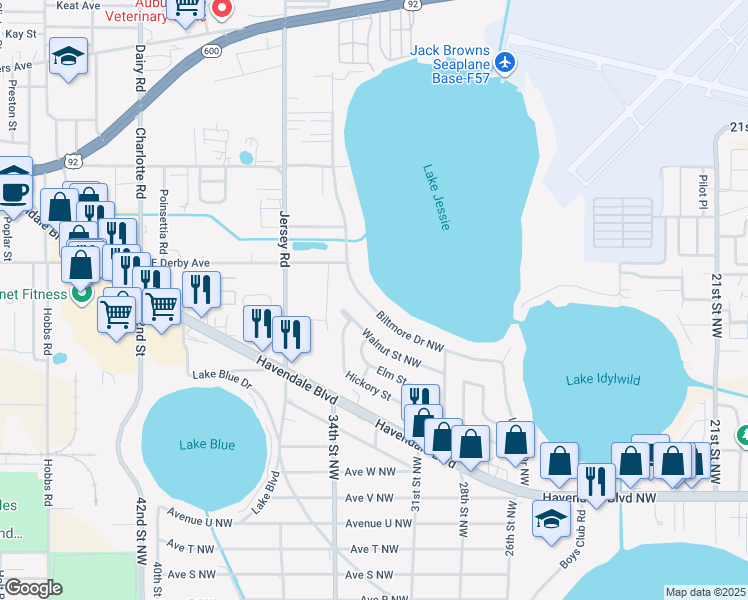 map of restaurants, bars, coffee shops, grocery stores, and more near 1010 Biltmore Drive Northwest in Winter Haven