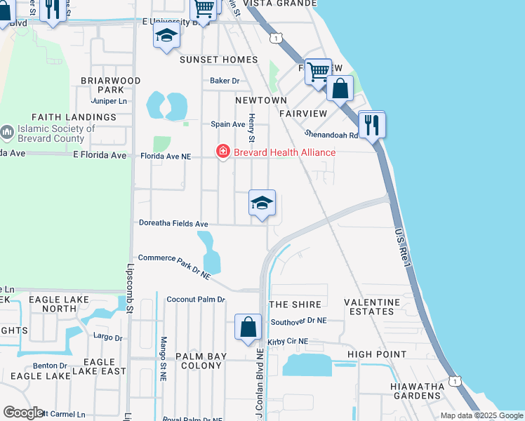 map of restaurants, bars, coffee shops, grocery stores, and more near 2107 Northview Street Northeast in Palm Bay