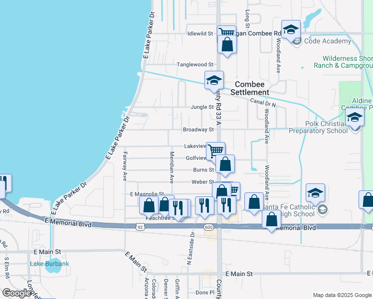 map of restaurants, bars, coffee shops, grocery stores, and more near 2441 Golfview Street in Lakeland