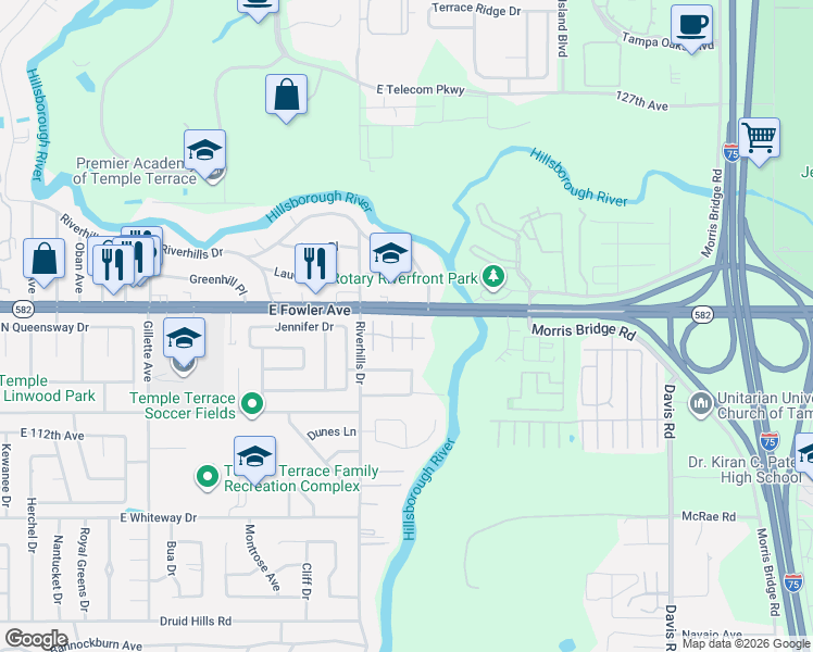 map of restaurants, bars, coffee shops, grocery stores, and more near 11506 Orilla Del Rio Place in Tampa