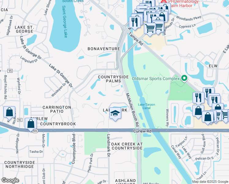map of restaurants, bars, coffee shops, grocery stores, and more near 3014 Red Oak Court in Palm Harbor