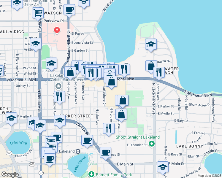 map of restaurants, bars, coffee shops, grocery stores, and more near 921 E Memorial Blvd in Lakeland