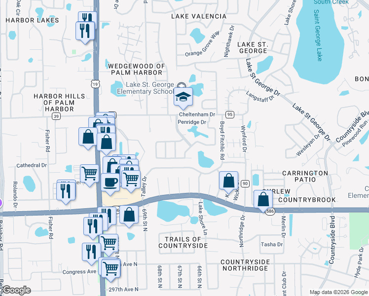 map of restaurants, bars, coffee shops, grocery stores, and more near 956 Edgehill Drive in Palm Harbor