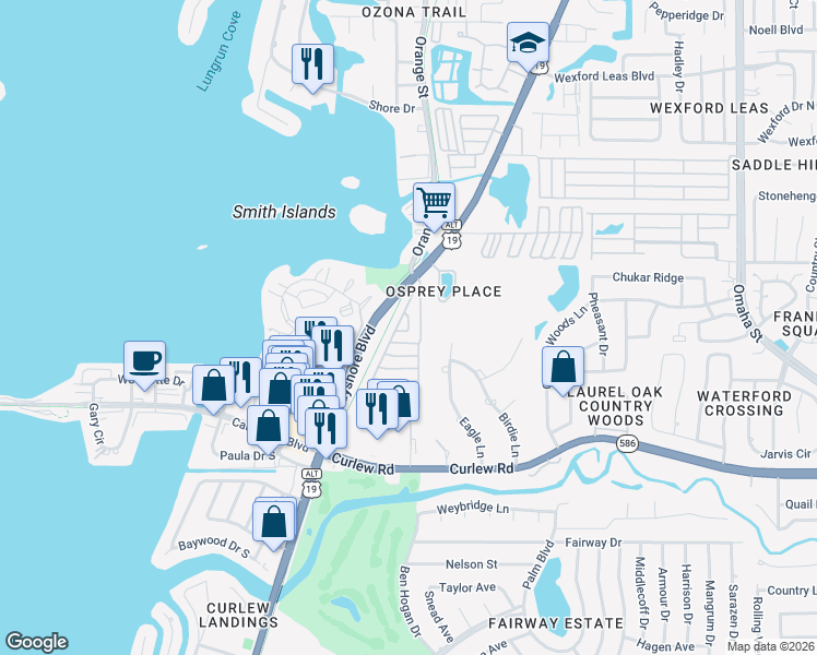 map of restaurants, bars, coffee shops, grocery stores, and more near 2750 Bayshore Boulevard in Dunedin