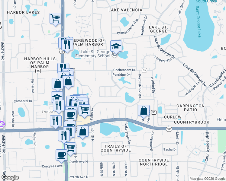 map of restaurants, bars, coffee shops, grocery stores, and more near 933 Falmoth Drive in Palm Harbor