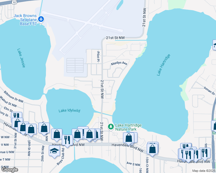 map of restaurants, bars, coffee shops, grocery stores, and more near 2030 Leisure Drive in Winter Haven
