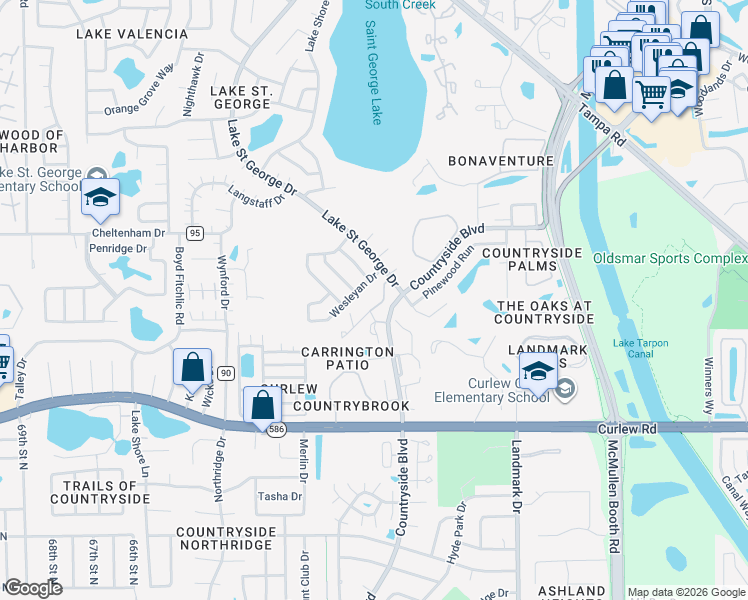 map of restaurants, bars, coffee shops, grocery stores, and more near 2872 Wesleyan Drive in Palm Harbor