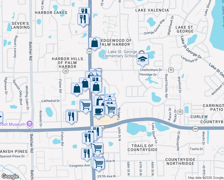 map of restaurants, bars, coffee shops, grocery stores, and more near 31177 US Highway 19 North in Palm Harbor