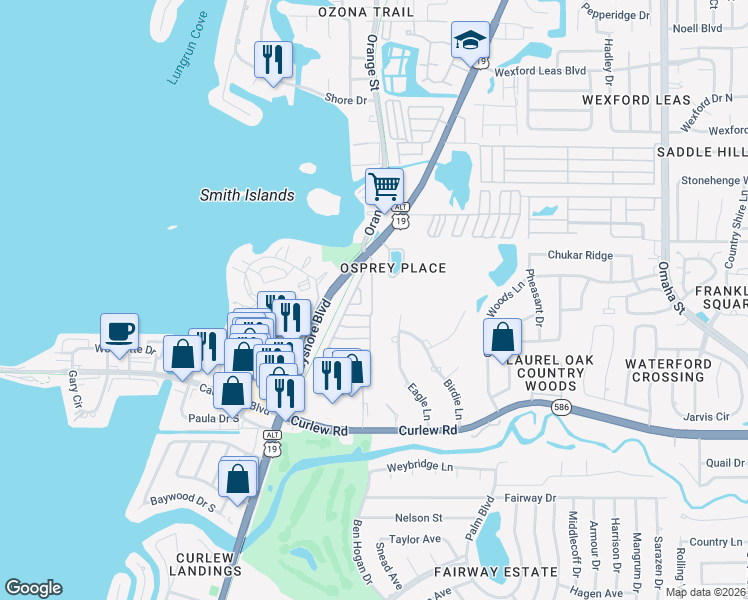 map of restaurants, bars, coffee shops, grocery stores, and more near 2850 Swan Circle in Dunedin