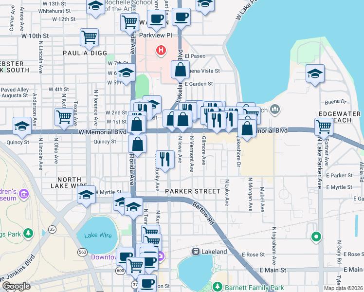 map of restaurants, bars, coffee shops, grocery stores, and more near 515 East Memorial Boulevard in Lakeland