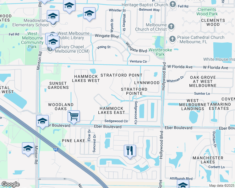 map of restaurants, bars, coffee shops, grocery stores, and more near 2410 Stratford Pointe Drive in West Melbourne