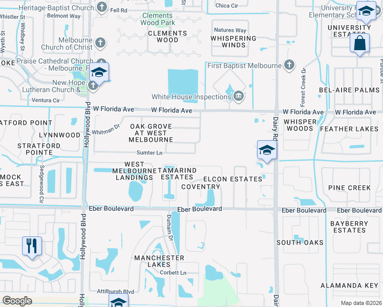map of restaurants, bars, coffee shops, grocery stores, and more near 1021 Hollister Drive in West Melbourne