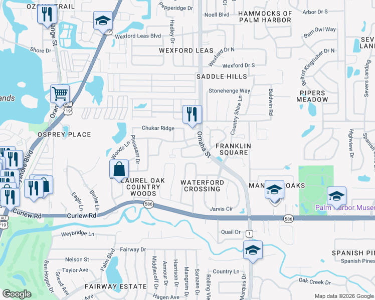 map of restaurants, bars, coffee shops, grocery stores, and more near 1697 Nantucket Court in Palm Harbor