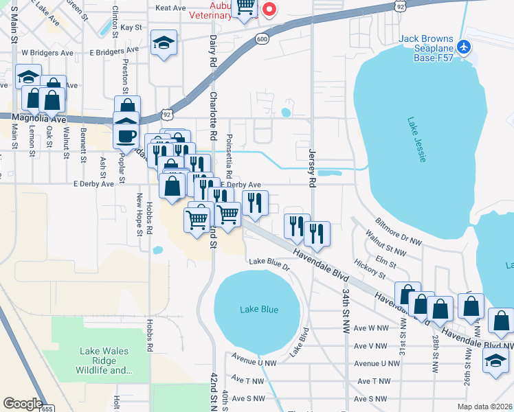 map of restaurants, bars, coffee shops, grocery stores, and more near 104 East Derby Avenue in Auburndale