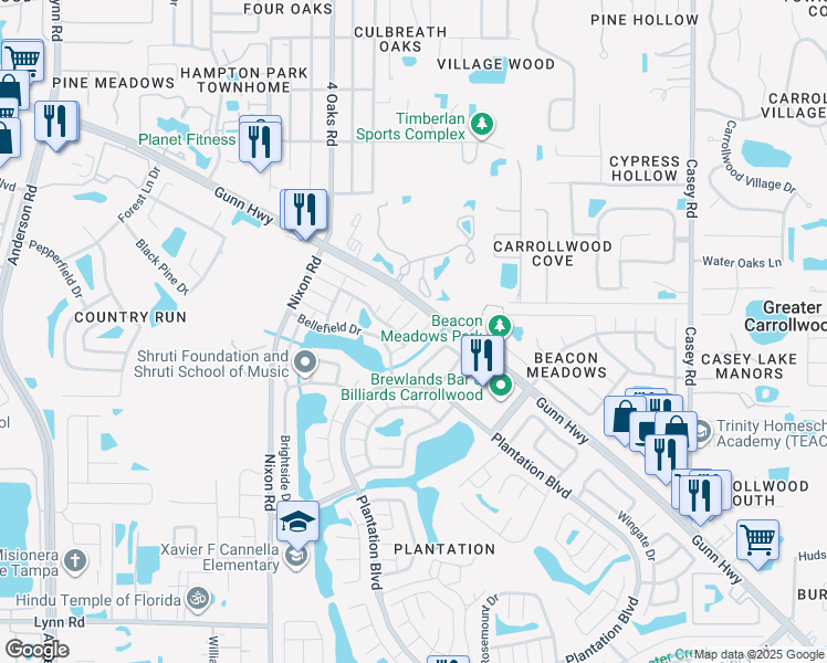 map of restaurants, bars, coffee shops, grocery stores, and more near 11405 Shallowbrook Place in Tampa