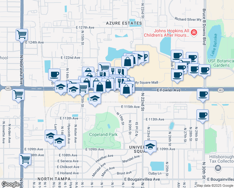 map of restaurants, bars, coffee shops, grocery stores, and more near 1821 East Flower Avenue in Tampa
