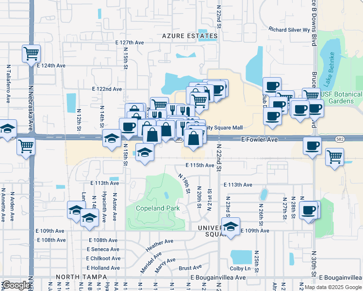 map of restaurants, bars, coffee shops, grocery stores, and more near 1821 East Flower Avenue in Tampa