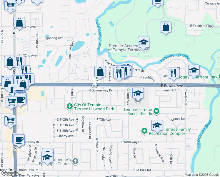 map of restaurants, bars, coffee shops, grocery stores, and more near 6610 Oban Avenue in Temple Terrace
