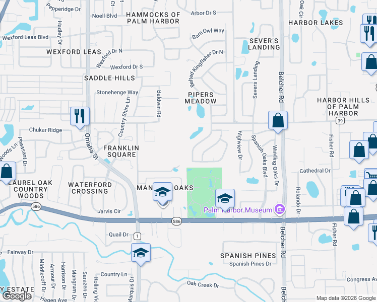 map of restaurants, bars, coffee shops, grocery stores, and more near 896 Belted Kingfisher Drive South in Palm Harbor