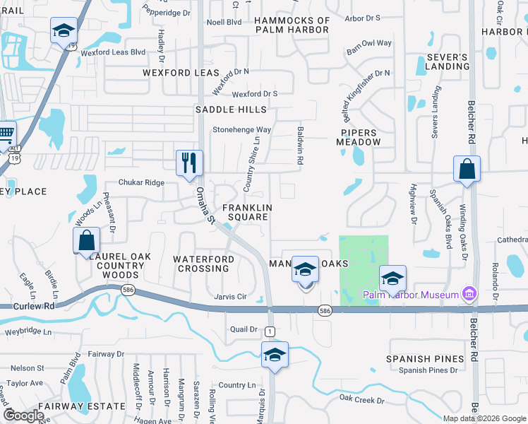 map of restaurants, bars, coffee shops, grocery stores, and more near 842 Forest Glen Court in Palm Harbor