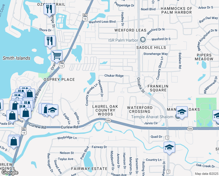 map of restaurants, bars, coffee shops, grocery stores, and more near 2975 Country Woods Lane in Palm Harbor