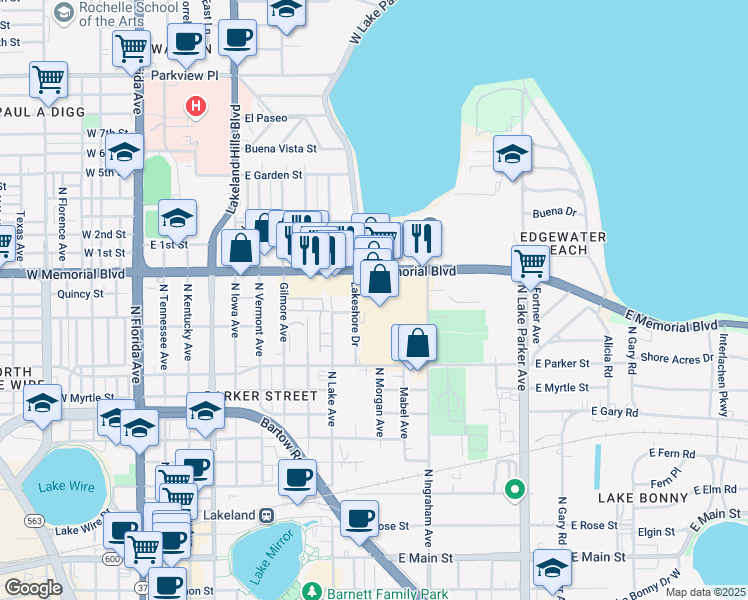 map of restaurants, bars, coffee shops, grocery stores, and more near 921 East Memorial Boulevard in Lakeland