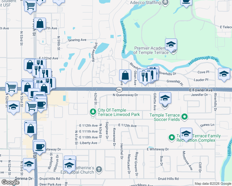 map of restaurants, bars, coffee shops, grocery stores, and more near 6308 North Queensway Drive in Tampa
