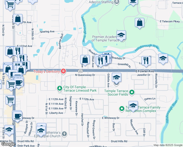 map of restaurants, bars, coffee shops, grocery stores, and more near 6610 Oban Avenue in Temple Terrace
