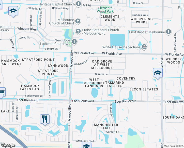 map of restaurants, bars, coffee shops, grocery stores, and more near 1625 Sumter Lane in Melbourne