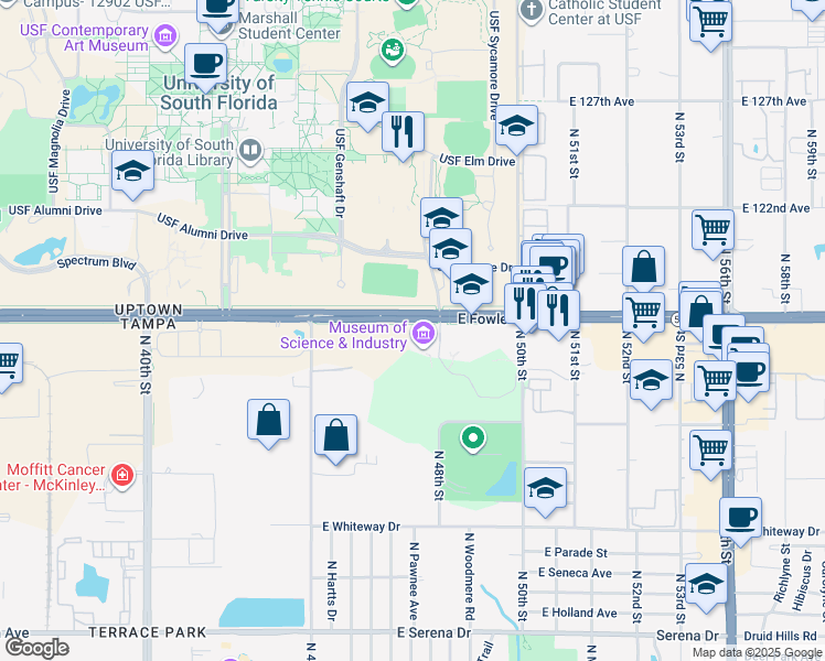 map of restaurants, bars, coffee shops, grocery stores, and more near 4832 East Fowler Avenue in Tampa