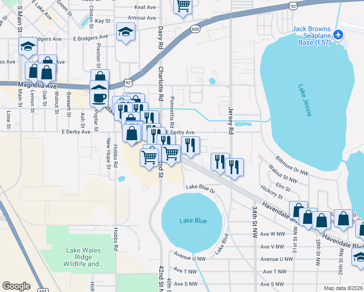map of restaurants, bars, coffee shops, grocery stores, and more near 104 East Derby Avenue in Auburndale
