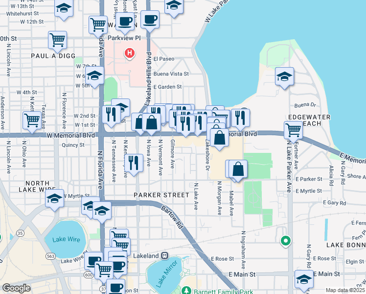 map of restaurants, bars, coffee shops, grocery stores, and more near 929 Gilmore Avenue in Lakeland