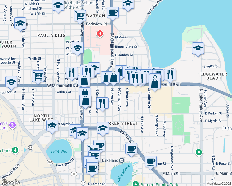 map of restaurants, bars, coffee shops, grocery stores, and more near 515 East Memorial Boulevard in Lakeland