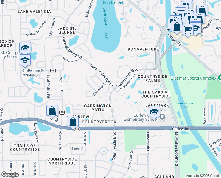 map of restaurants, bars, coffee shops, grocery stores, and more near 2872 Wesleyan Drive in Palm Harbor