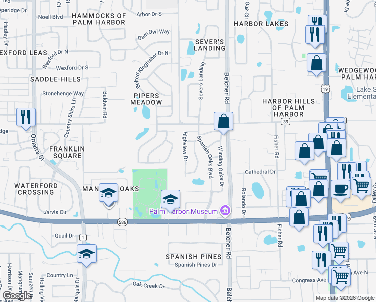 map of restaurants, bars, coffee shops, grocery stores, and more near 823 Woodland Drive in Palm Harbor