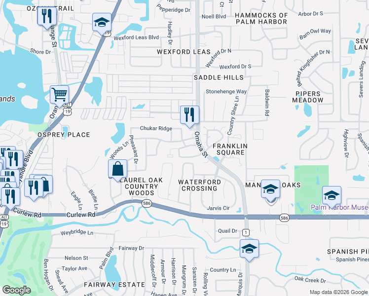 map of restaurants, bars, coffee shops, grocery stores, and more near 2884 Turtle Terrace in Palm Harbor