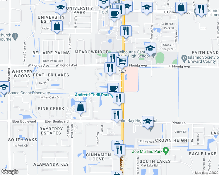 map of restaurants, bars, coffee shops, grocery stores, and more near 3596 Misty Oak Drive in Melbourne