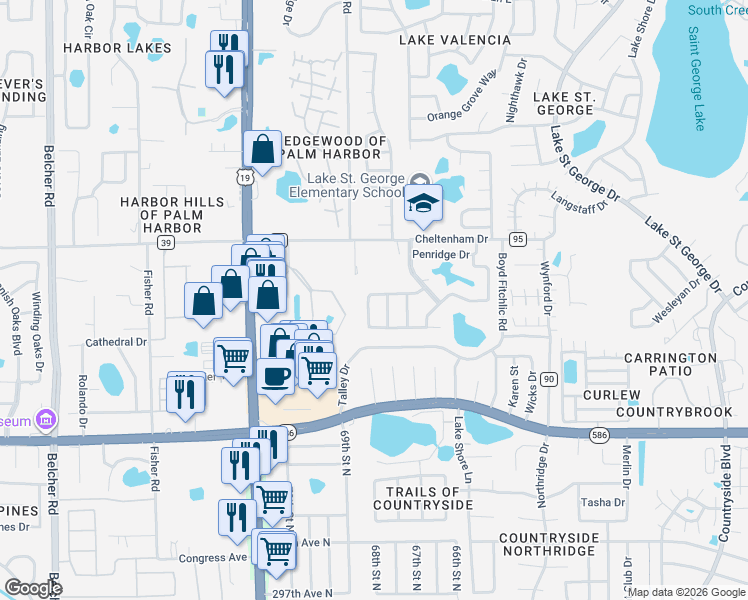 map of restaurants, bars, coffee shops, grocery stores, and more near 930 Valley View Circle in Palm Harbor