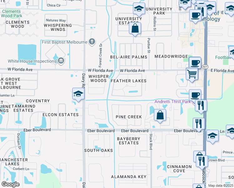 map of restaurants, bars, coffee shops, grocery stores, and more near 3537 Egret Drive in Melbourne