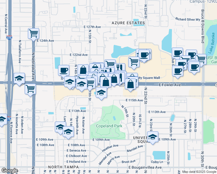 map of restaurants, bars, coffee shops, grocery stores, and more near 1707 East Fowler Avenue in Tampa