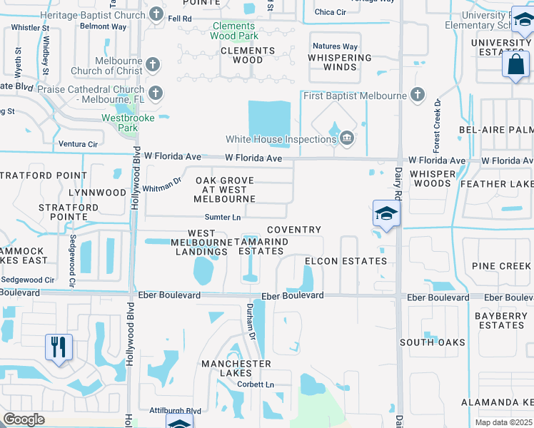 map of restaurants, bars, coffee shops, grocery stores, and more near 1424 Sumter Lane in Melbourne