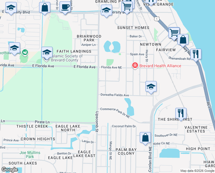 map of restaurants, bars, coffee shops, grocery stores, and more near 2186 Doctor Harvey Riley Street in Palm Bay
