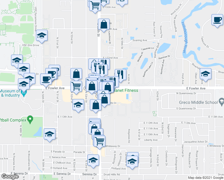 map of restaurants, bars, coffee shops, grocery stores, and more near 5779 East Fowler Avenue in Temple Terrace