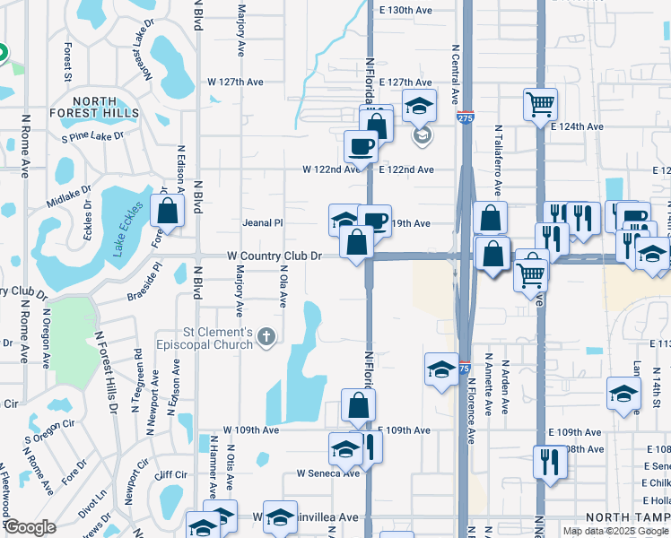 map of restaurants, bars, coffee shops, grocery stores, and more near 110 Country Club Drive in Plant City