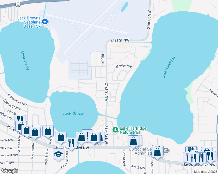 map of restaurants, bars, coffee shops, grocery stores, and more near 2000 21st Street Northwest in Winter Haven