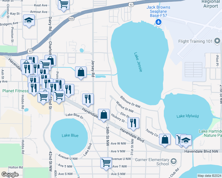 map of restaurants, bars, coffee shops, grocery stores, and more near 1003 Biltmore Drive Northwest in Winter Haven