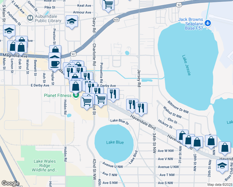 map of restaurants, bars, coffee shops, grocery stores, and more near 713 Rose Street in Auburndale